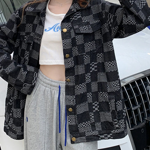 Load image into Gallery viewer, Autumn Chessboard Checker Denim Coat Women Korean Fashion Loose Retro Blue Black Plaid Denim Jackets Women Top
