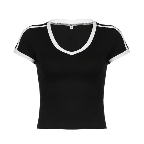 Load image into Gallery viewer, Casual V Neck Stripe Slim Summer T-shirts Female Streetwear Sporty Stitched Crop Top Basic Short Sleeve Tees Clothing
