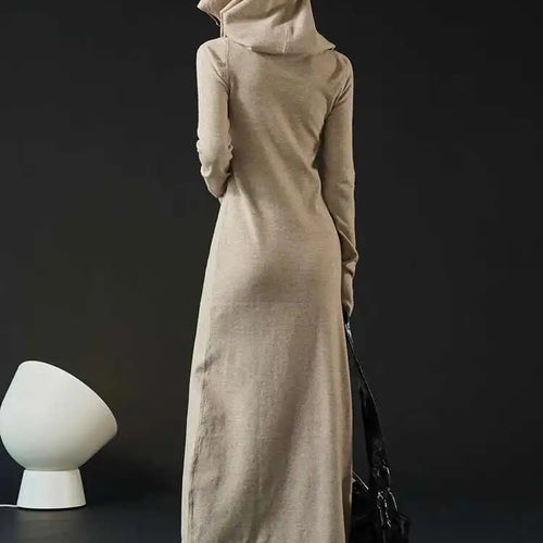 Load image into Gallery viewer, Women Oat Color Knitting Ankle Length Dress New Hooded Long Sleeve Loose Fit Fashion Tide Spring Autumn 2025 1DH3764
