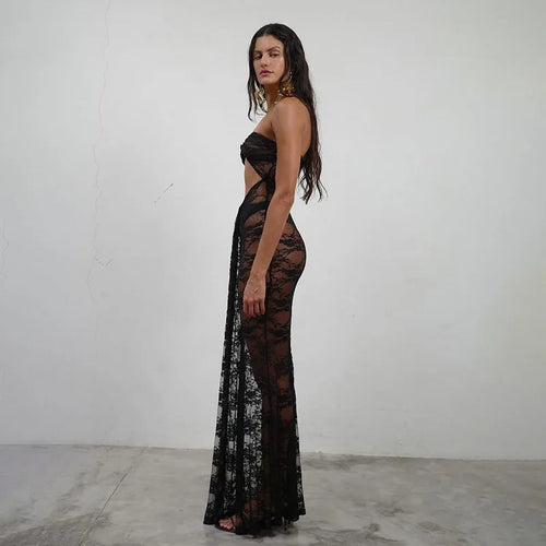 Load image into Gallery viewer, Lace See Through Strapless Sexy Maxi Dress For Women Gown Halter Hollow Out Sleeveless Backless High Split Long Dress
