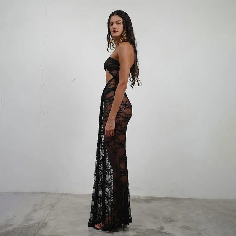 Lace See Through Strapless Sexy Maxi Dress For Women Gown Halter Hollow Out Sleeveless Backless High Split Long Dress