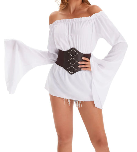 Halloween T Shirt Sexy Women Clothes Solid Color Long Sleeve Off Shoulder Tops with Waist Belt Ladies Cosplay Costume