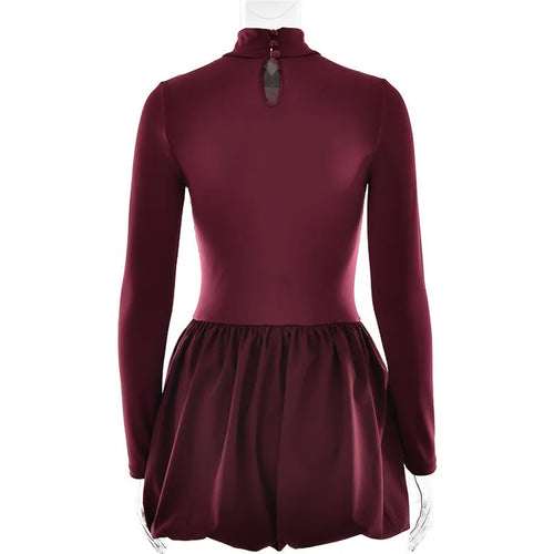 Load image into Gallery viewer, Turtleneck Long Sleeve Sexy Mini Dress For Women Robe Fashion Burgundy Patchwork High Waist A-line Club Pleated Dress
