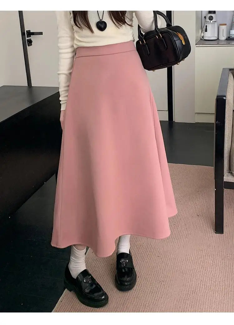 Autumn Winter Solid Large Size Woolen Long Skirt Women Fashion Korean Ladies High Waist Festival Pleated A-line Skirt Simplicity