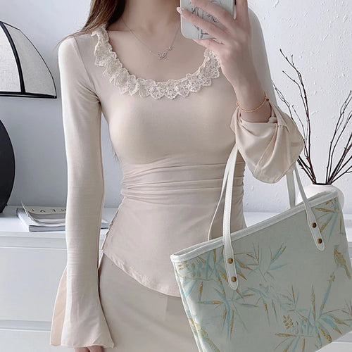 Load image into Gallery viewer, y2k Tops Women Coquette Clothing Ruffle Trim Scoop Neck Long Sleeve T Shirts Fairycore Aesthetic Clothes Streetwear
