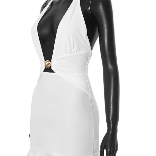 Load image into Gallery viewer, Hollow Out Deep V Neck Sexy Mini Dress Women Summer New Metal Shell Sleeveless Backless Ruffle Club Party Dress 2025
