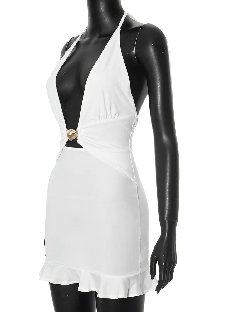 Hollow Out Deep V Neck Sexy Mini Dress Women Summer New Metal Shell Sleeveless Backless Ruffle Club Party Dress 2025