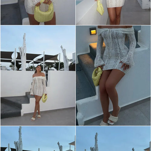 Load image into Gallery viewer, Off-shoulder Lace Sexy Mini Dress For Women White Strapless Long Sleeve Backless Bodycon Club Party Sexy Dress Elegant
