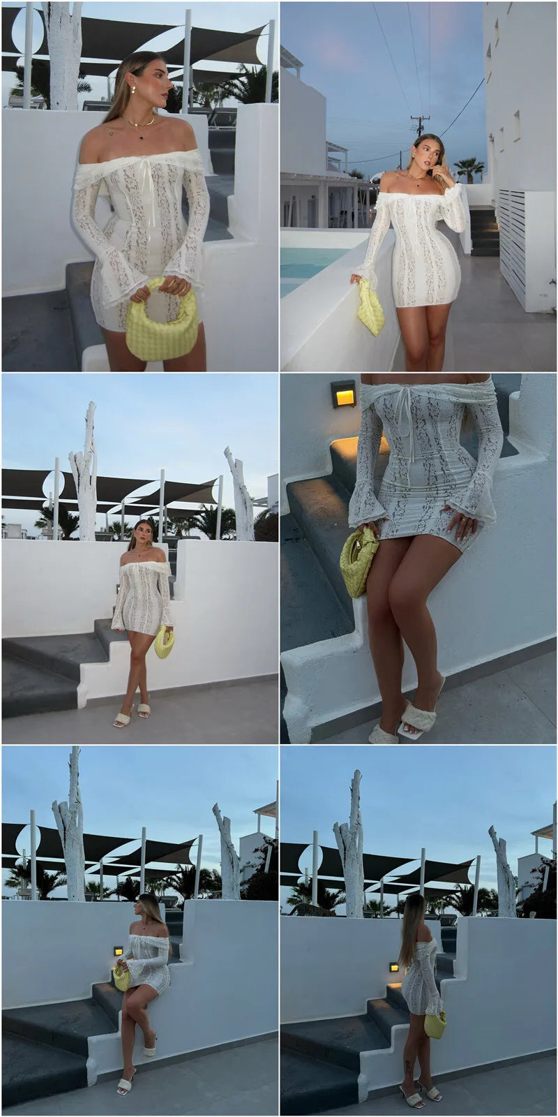 Off-shoulder Lace Sexy Mini Dress For Women White Strapless Long Sleeve Backless Bodycon Club Party Sexy Dress Elegant