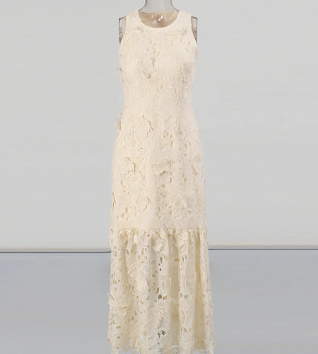 Slimming Hollow Out Spliced 3D Flower Elegant Dresses for Women Round Neck Sleeveless Tunic Long Dress Female New