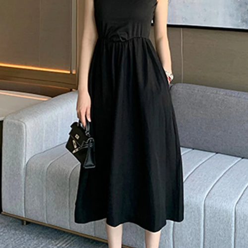 Load image into Gallery viewer, Black O-neck Sleeveless Simple Tank Dress Summer High Waist Slim Solid Color Women&#39;s Maxi Dresses Casual Office Ladies
