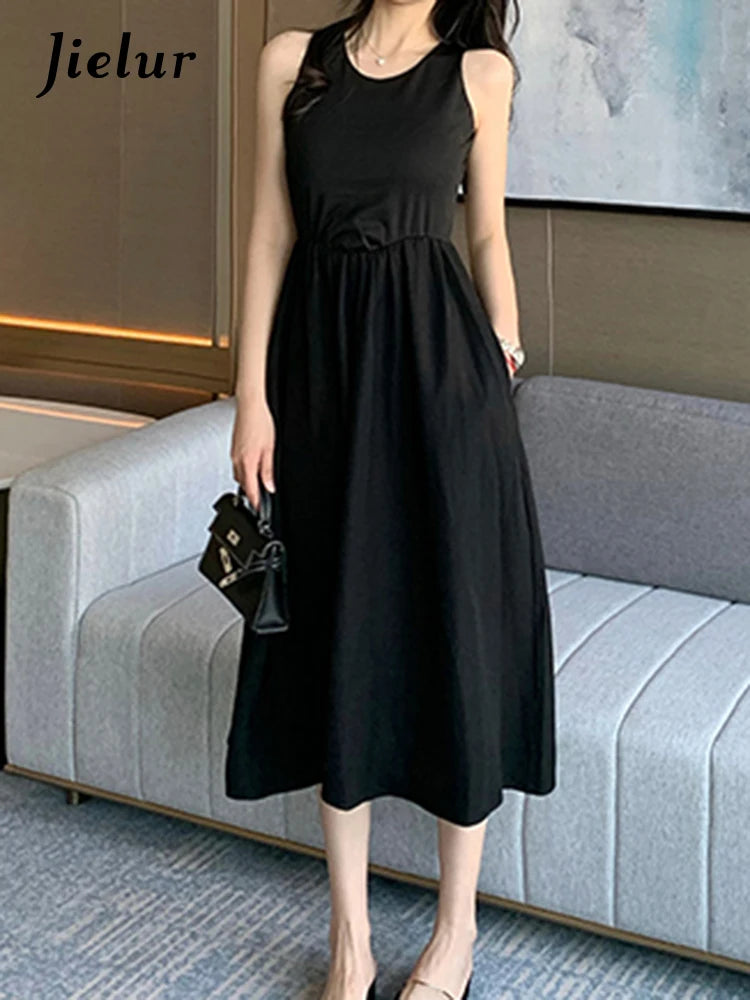 Black O-neck Sleeveless Simple Tank Dress Summer High Waist Slim Solid Color Women's Maxi Dresses Casual Office Ladies