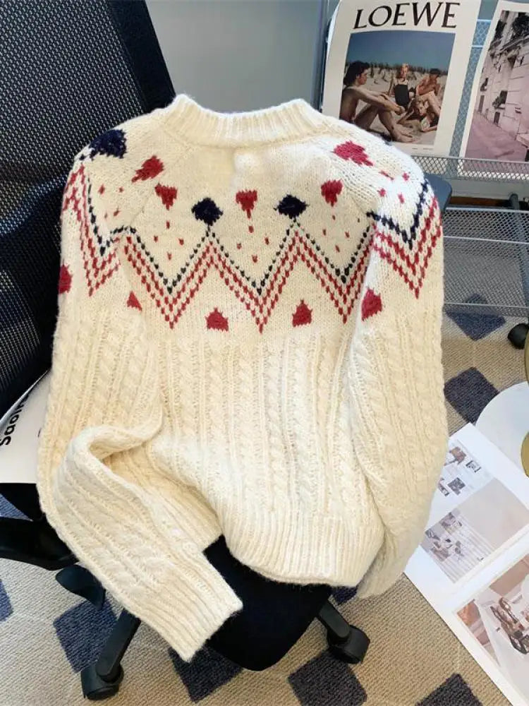 Autumn Winter Vintage White Patchwork Cardigan Sweater Women Korean Pink Single-breasted Long Sleeved Elegant Knitted Tops Thick