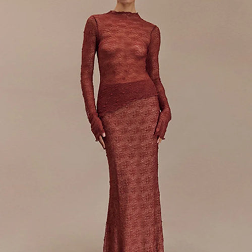 Load image into Gallery viewer, Fashion Lace Long Sleeved Round Neck Top Skirt Two-piece Set For Women 2024 Autumn Winter New Transparent T-shirt Set
