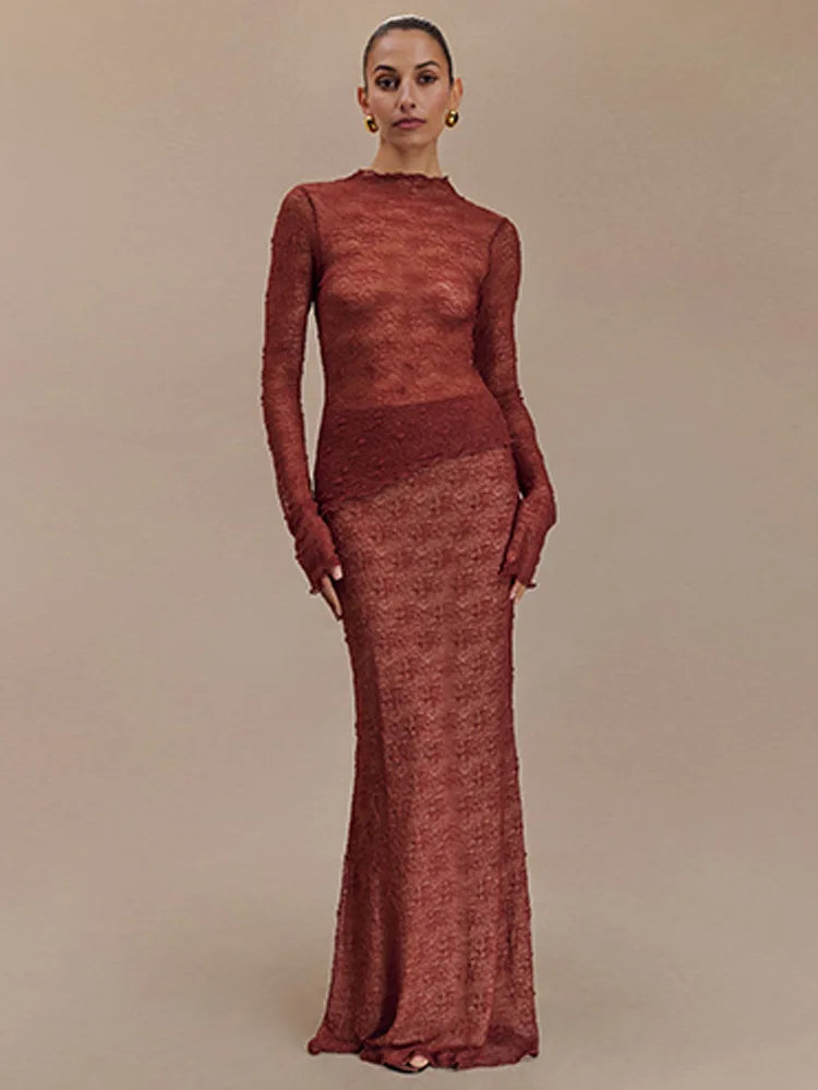 Fashion Lace Long Sleeved Round Neck Top Skirt Two-piece Set For Women 2024 Autumn Winter New Transparent T-shirt Set