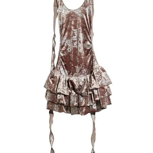 Load image into Gallery viewer, Women Apricot Silver Velvet Elegant Ruffles Mini Dress New Round Neck Sleeveless Fashion Tide Spring Autumn 20251DH8264
