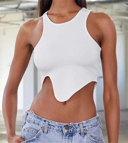 Nylon Pad Sleeveless Yoga Bra For Women Irregular Hem O Neck Exposed Navel Dance Active Fitness Sport Vest Tops