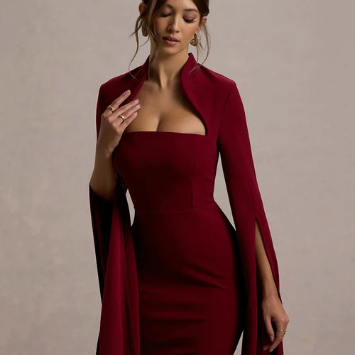 Load image into Gallery viewer, Cape Long Sleeve Sexy Midi Dress For Women Autumn Winter New Square Collar Back Slit Bodycon Club Party Long Dress
