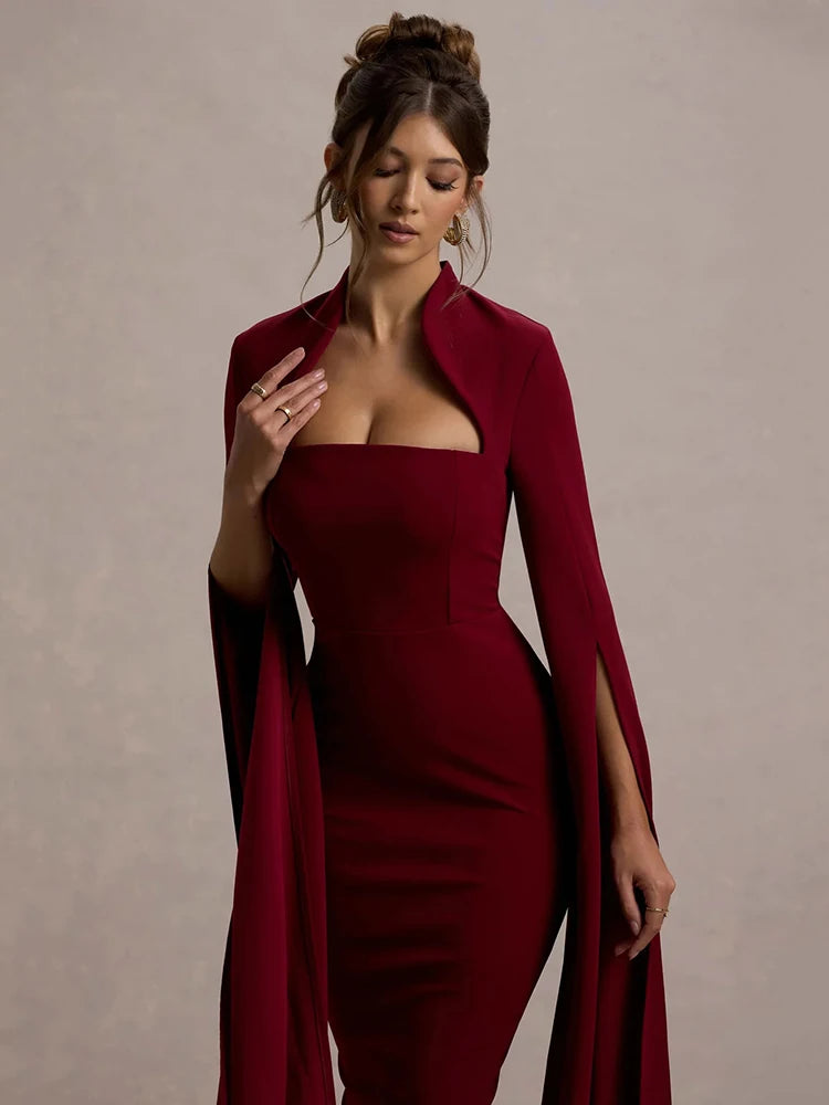 Cape Long Sleeve Sexy Midi Dress For Women Autumn Winter New Square Collar Back Slit Bodycon Club Party Long Dress