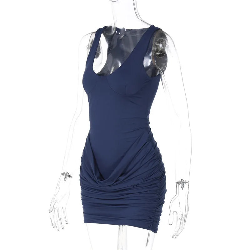 Sleeveless Ruched Sexy Mini Dress For Women Robe New Fashion Solid U Neck Sleeveless Bodycon Club Dress Partywear