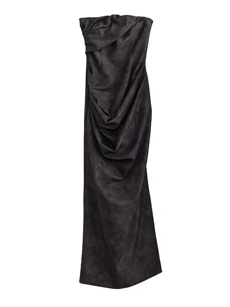 Women Gray Shaped Pleated Pu Leather Long Elegant Strapless Dress New Sleeveless Fashion Tide Spring Autumn 2025 1DH4724