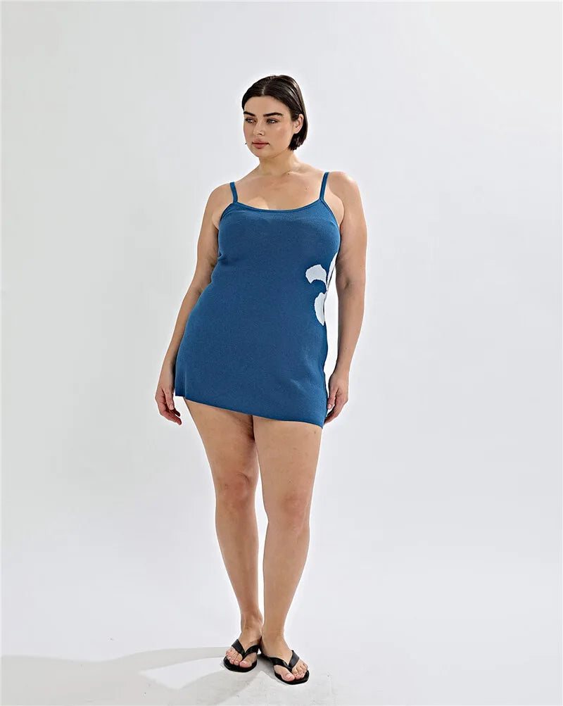 Spaghetti Strap Print Knit Mini Dress For Woman Robe Summer New Sleeveless Backless Beach Holiday Club Dress Knitwear