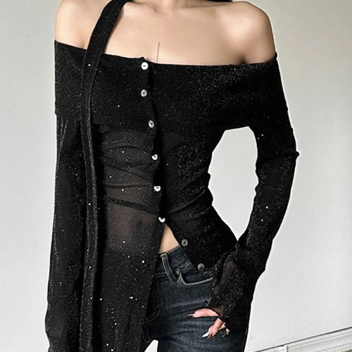 Load image into Gallery viewer, 2025 Black Shiner Slash Neck Tees Vintage Irregular Single Breasted Harajuku Crop Tops Grunge Slim Women T-shirts Y2k Aesthetic
