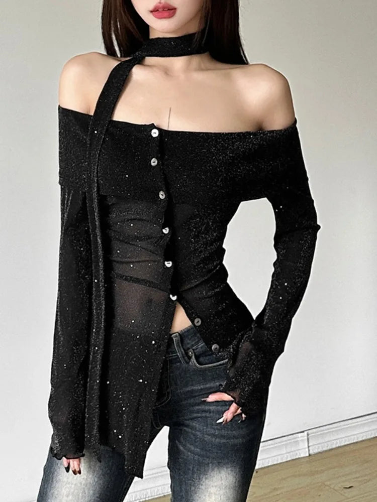 2025 Black Shiner Slash Neck Tees Vintage Irregular Single Breasted Harajuku Crop Tops Grunge Slim Women T-shirts Y2k Aesthetic