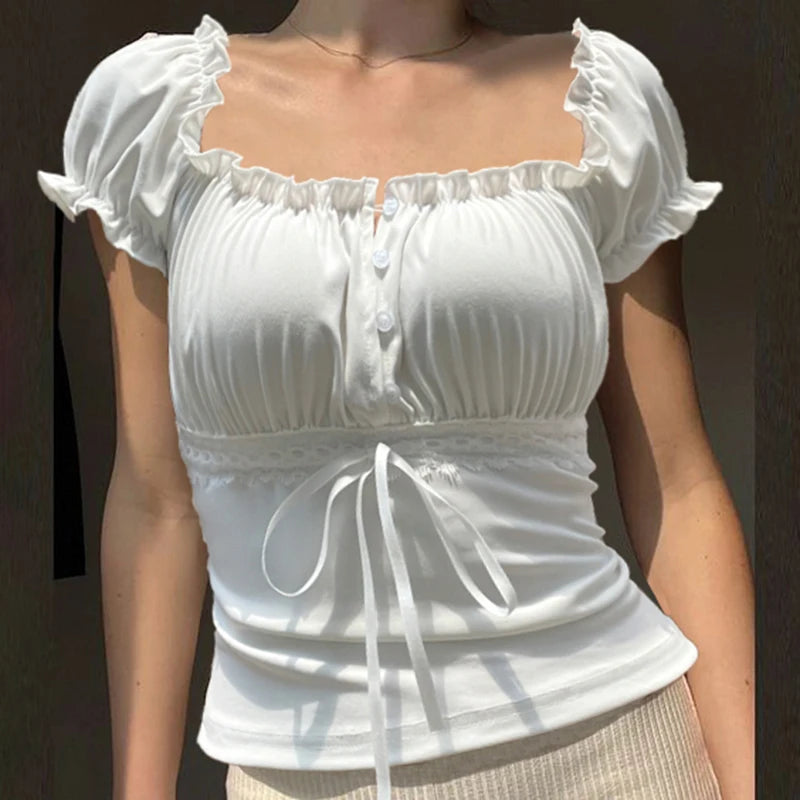 Korean Fashion White Square Neck Summer T-shirts Women Ruched Lace Spliced Buttons Sweet Crop Top Slim Coquette Tees