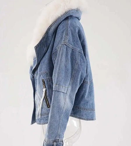 Blue Denim Cotton-padded Big Size Warm Jacket New Fur Lapel Long Sleeve Women Coat Fashion Autumn Winter 2025 CPG2442