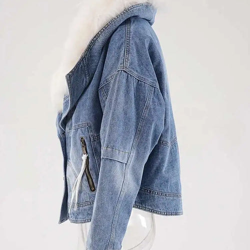 Load image into Gallery viewer, Blue Denim Cotton-padded Big Size Warm Jacket New Fur Lapel Long Sleeve Women Coat Fashion Autumn Winter 2025 CPG2442
