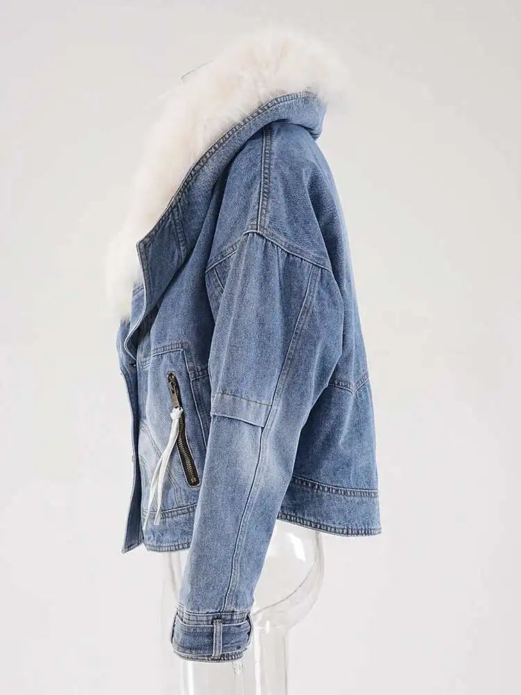 Blue Denim Cotton-padded Big Size Warm Jacket New Fur Lapel Long Sleeve Women Coat Fashion Autumn Winter 2025 CPG2442