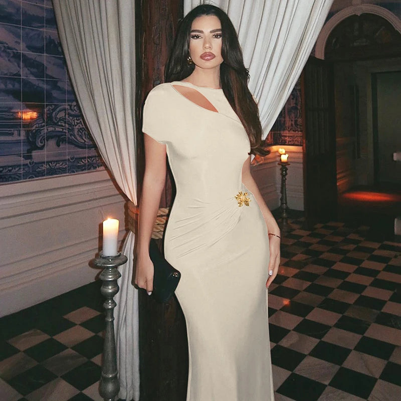 Hollow Out Backless Sexy Maxi Dress For Women Fashion Metal Buckle Solid Short Sleeve High Waist Slim Fit Long Dress