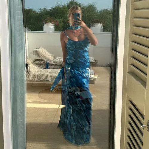 Load image into Gallery viewer, Halter Backless Print Sexy Maxi Dress For Women Gown Elegant Blue Printed Lace-up Sleeveless Evening Long Dress
