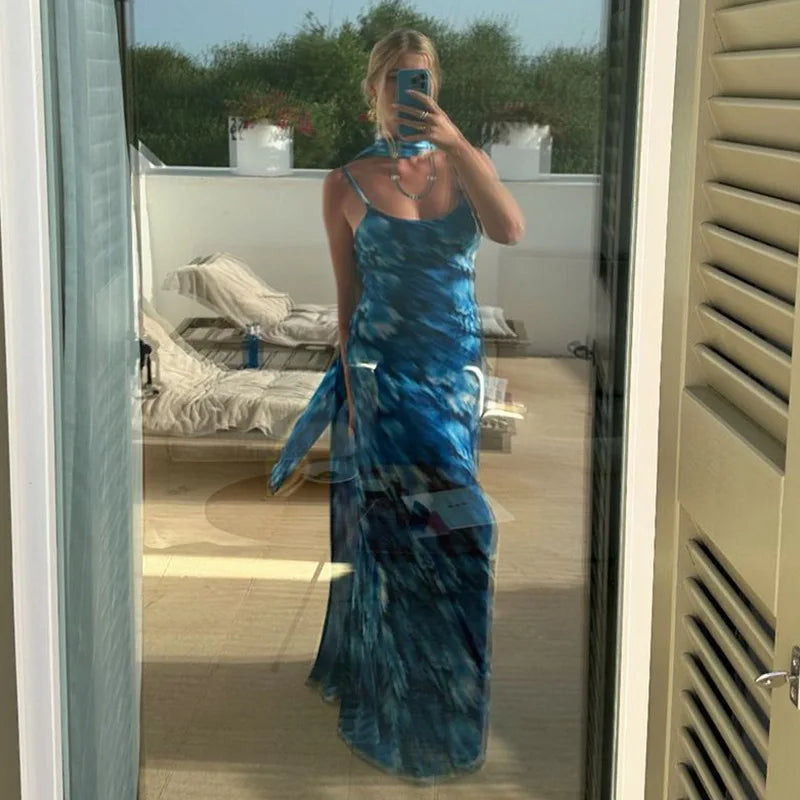 Halter Backless Print Sexy Maxi Dress For Women Gown Elegant Blue Printed Lace-up Sleeveless Evening Long Dress