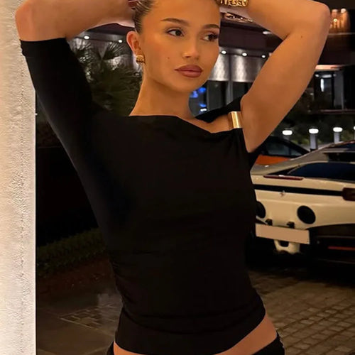 Load image into Gallery viewer, Skew Collar Short Sleeves Ruched Metal T-Shirt Women'S Solid Casual Elegant Y2K Tops Club Street Summer
