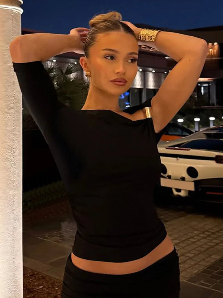 Skew Collar Short Sleeves Ruched Metal T-Shirt Women'S Solid Casual Elegant Y2K Tops Club Street Summer