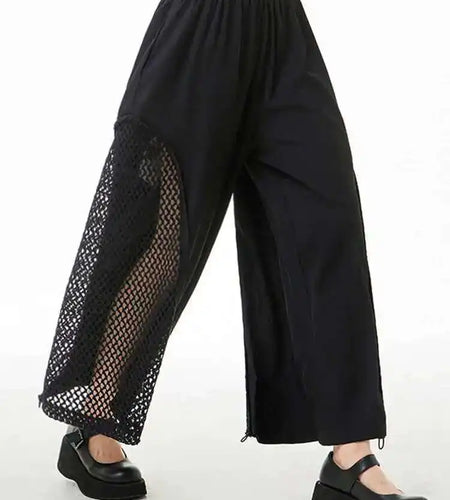 High Elastic Waist Blue Mesh Hollow Out Wide Leg Trousers New Loose Fit Pants Women Fashion Spring Autumn 2025 1DE8664