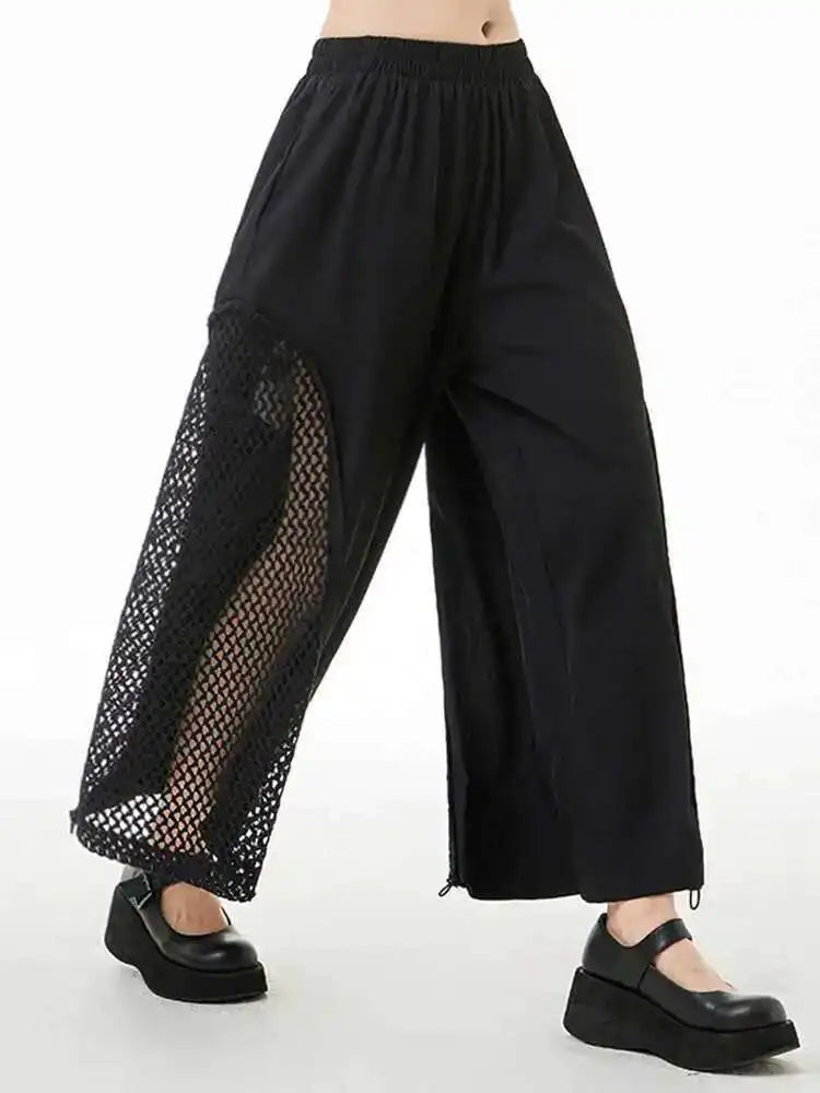 High Elastic Waist Blue Mesh Hollow Out Wide Leg Trousers New Loose Fit Pants Women Fashion Spring Autumn 2025 1DE8664