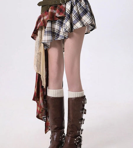 Hit Color Designer Loose Mini Skirts For Women High Waist Temperament Check Spliced Belt Skirt Female Fashion New