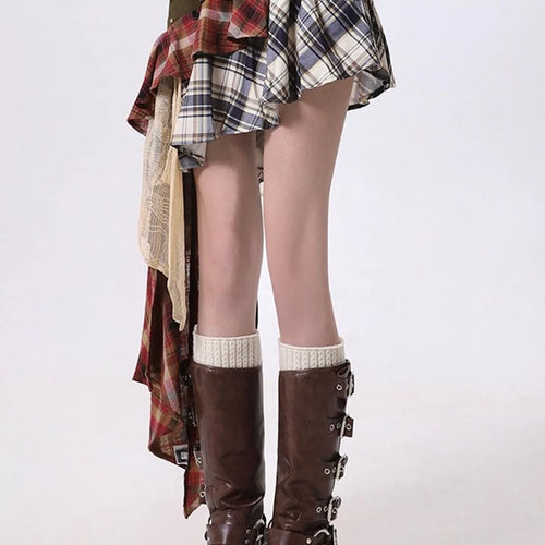 Load image into Gallery viewer, Hit Color Designer Loose Mini Skirts For Women High Waist Temperament Check Spliced Belt Skirt Female Fashion New
