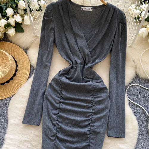 Load image into Gallery viewer, Korean 2025 Spring New Black Elegant Long Sleeves Office Wrapping Hip Mini Dress Women Grey V Neck Vacation Pleated Short Dress
