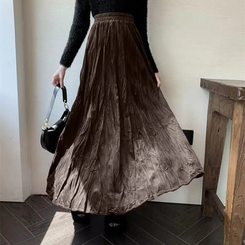 Load image into Gallery viewer, Autumn Winter Women's Black Red Elastic High Waist Velvet Skirt Korean Version Brown Elegant Vacation Party Pleated Long Skirts
