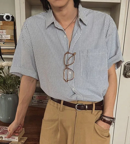 Men's Shirts New Summer Striped Short Sleeved Loose Male Lapel Casual Single Breasted Shirt Korean Trendy Male Top 9W1621