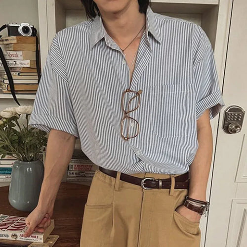 Load image into Gallery viewer, Men&#39;s Shirts New Summer Striped Short Sleeved Loose Male Lapel Casual Single Breasted Shirt Korean Trendy Male Top 9W1621
