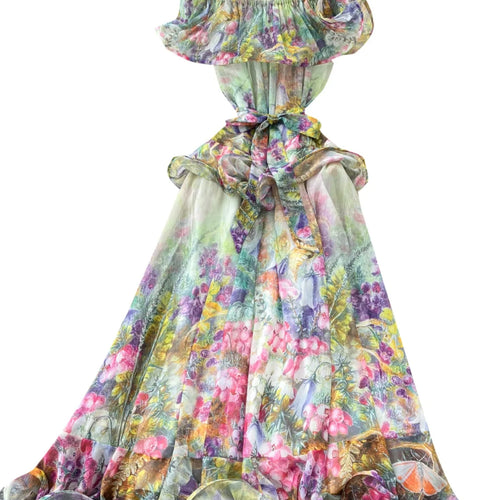 Load image into Gallery viewer, French Retro Women's Pink Green Print Elegant Off Shoulder Princess Dresses Spring Slim Lace-up Ruffles Evening Party Dress Boho
