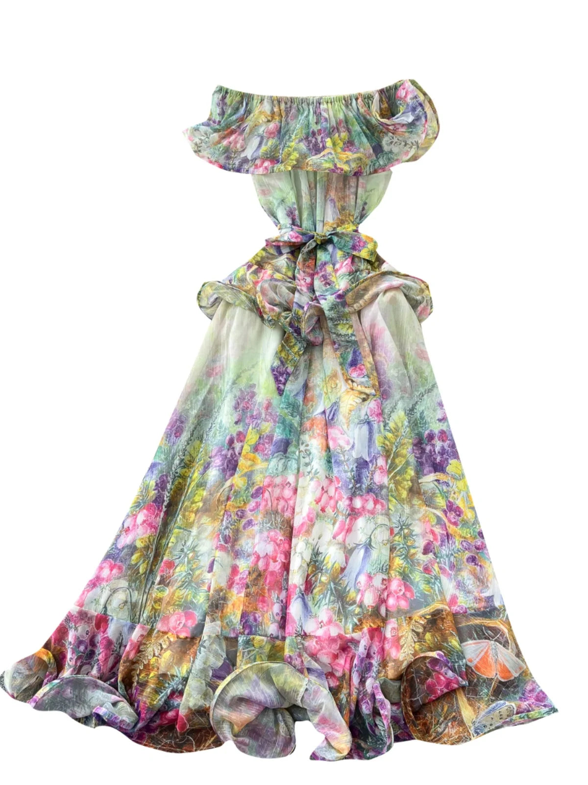 French Retro Women's Pink Green Print Elegant Off Shoulder Princess Dresses Spring Slim Lace-up Ruffles Evening Party Dress Boho