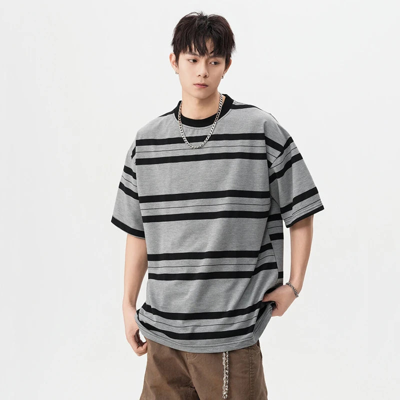 Men' Short Sleeve T-shirts New Summer American Fanshion Striped Round Neck Trendy Male Casual Pullover Top T-shirt 9W1668