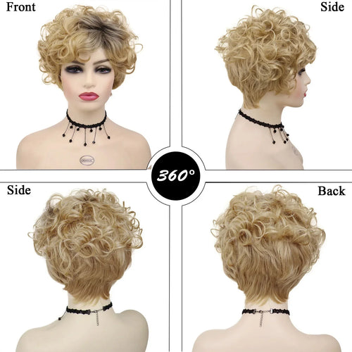 Load image into Gallery viewer, Synthetic Curly Wig with Bangs Short Blonde Wigs for White Women Blond with Dark Roots Color Wig Ladies Natural HairCut
