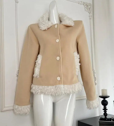 Autumn Winter Khaki Patchwork Lamb Woolen Short Coat Women Turn-down Collar Single Breasted Casual Fashion Cardigan Tops Popular